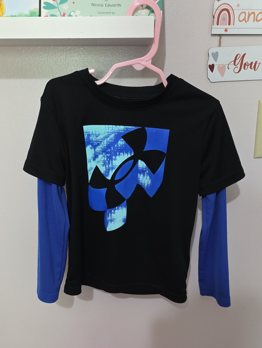 Under Armour Black Tee with Blue Graphic and Blue Layered Sleeves